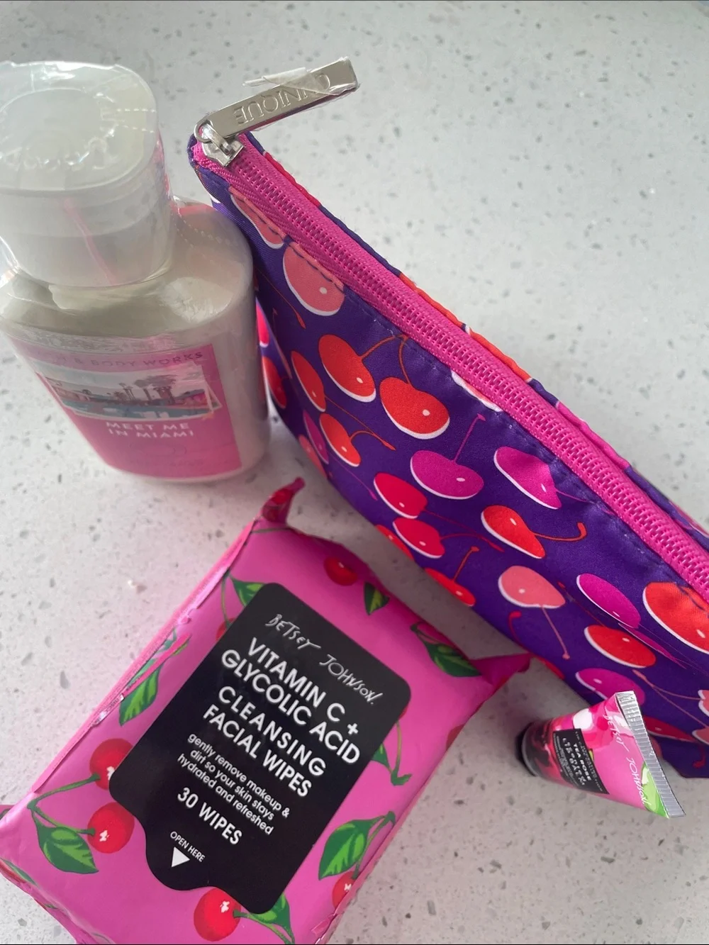 Bundle -Clinique Makeup bag, BBW lotion, Betsey Johnson face wipes, and lip balm